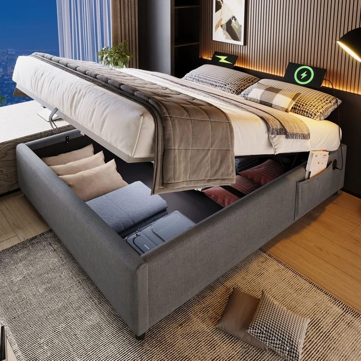 Polsterbett Einzelbett 140×200 cm,Tagesbett mit Stauraum, USB & Type-C Ladeanschlüssen, Leinenbezug,in Grau – Bild 3
