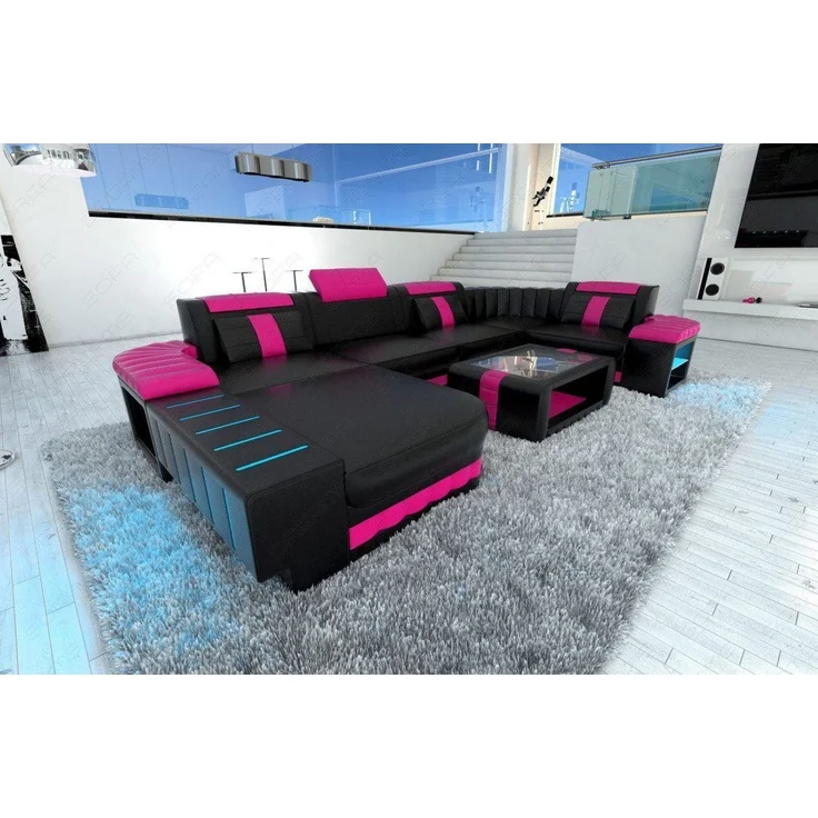 Sofa Dreams - Mini Designer Wohnlandschaft Bellagio Led U-Form - Ledermix - Schwarz-Pink - Links – Bild 3
