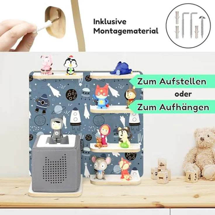 stadtecken Holzregal für Musikbox – Passend für Toniebox & ca. 40 Tonies | Perfekte Aufbewahrung fürs Kinderzimmer | Zum Aufhängen | Erweiterbar (Universum) – Bild 8