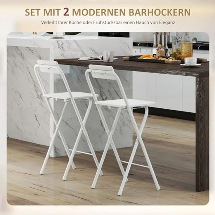 HOMCOM Barhocker mit Stahlgestell, Lehne, Fußstütze (Tresenhocker, 2 St, Klappbar Barstuhl), für Küche, Wohnzimmer, Esszimmer Weiß – Bild 5