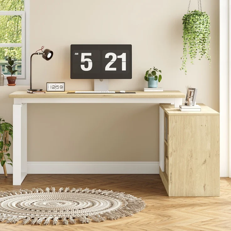 Flieks L-förmiger Schreibtisch 152x113.5x76 cm, Bürotisch mit 2 Schubladen, 3 offenen Regalen & 1 Schrank, Naturholzfarbe & Weiß – Bild 2