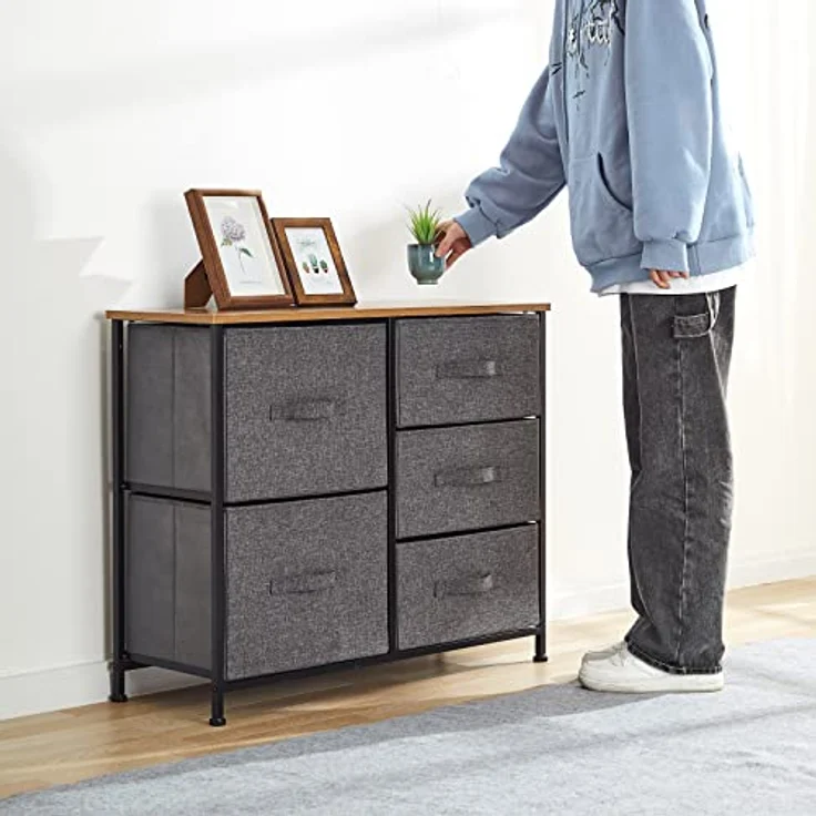 Mondeer Kommode, Kommode Schmal, Schrank mit 5 Groß Schubladen, Stoff Schubladenschrank, Kleideraufbewahrung, Aufbewahrung Schrank, 85x30x70cm, Stabiler Metallrahmen, Grau – Bild 6