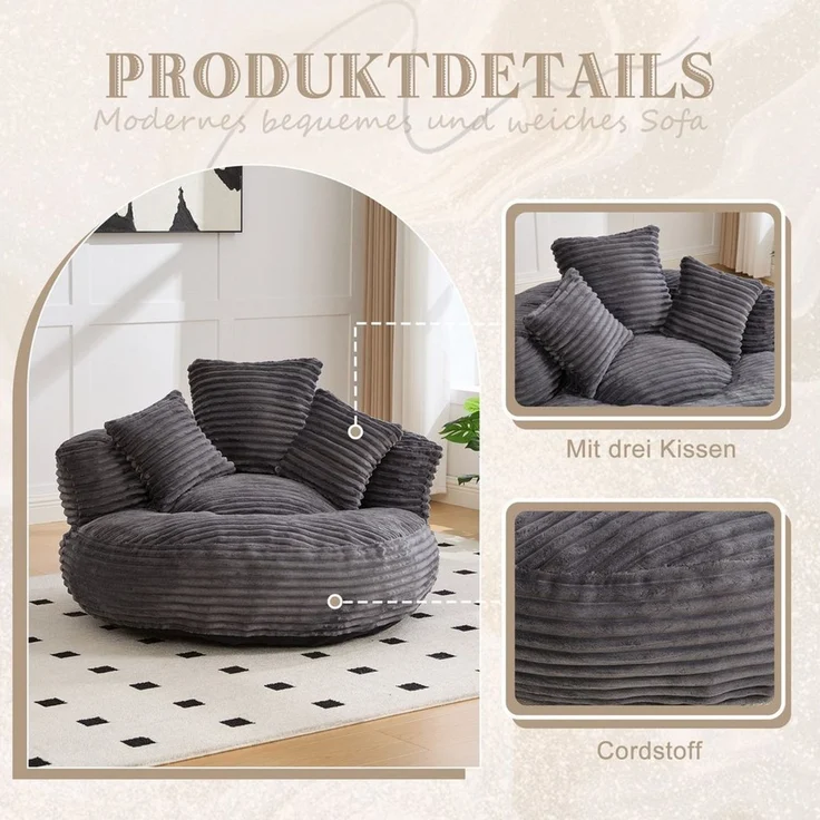 BlingBin Sitzsack Cordstoff-Sofa, Lazy Sofa (Sofa, 1 St, 108 x 108 x 52 cm), Mit drei Kissen, für Erwachsene und Kinder gleichermaßen geeignet – Bild 2