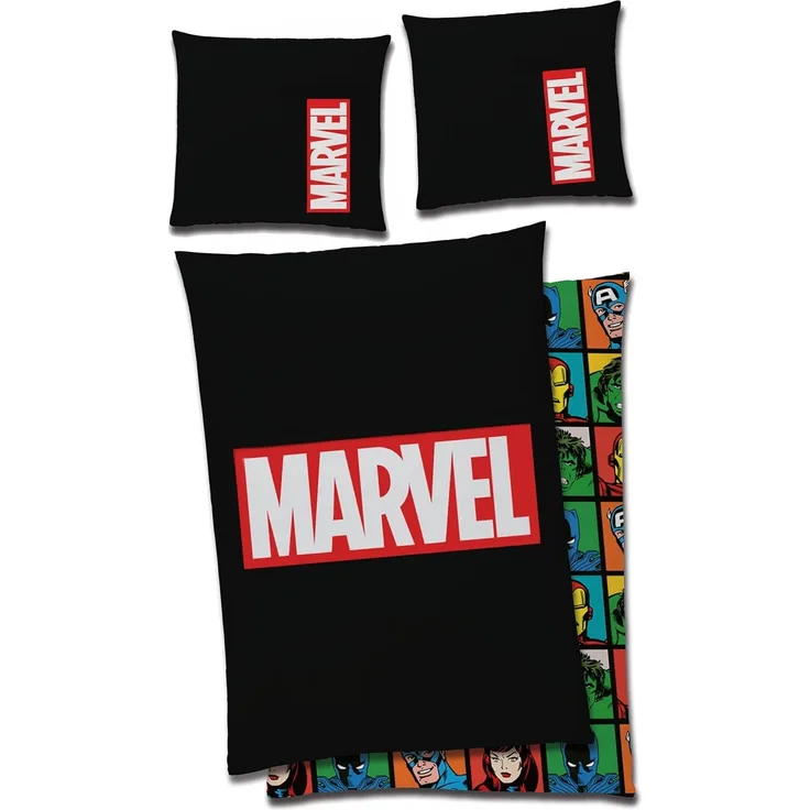 BERONAGE Jugendbettwäsche Marvel Logo Bettwäsche schwarz Linon / Renforcé, 2 teilig, 135x200 + 80x80 cm