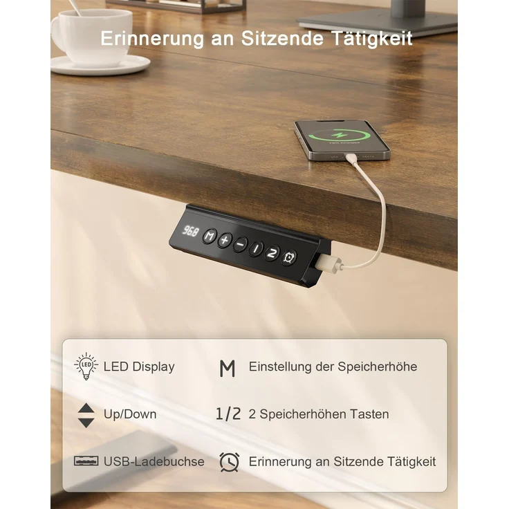 JUMMICO Schreibtisch elektrisch höhenverstellbar mit USB-Ladeanschluss, Braun, 100x60 cm – Bild 4