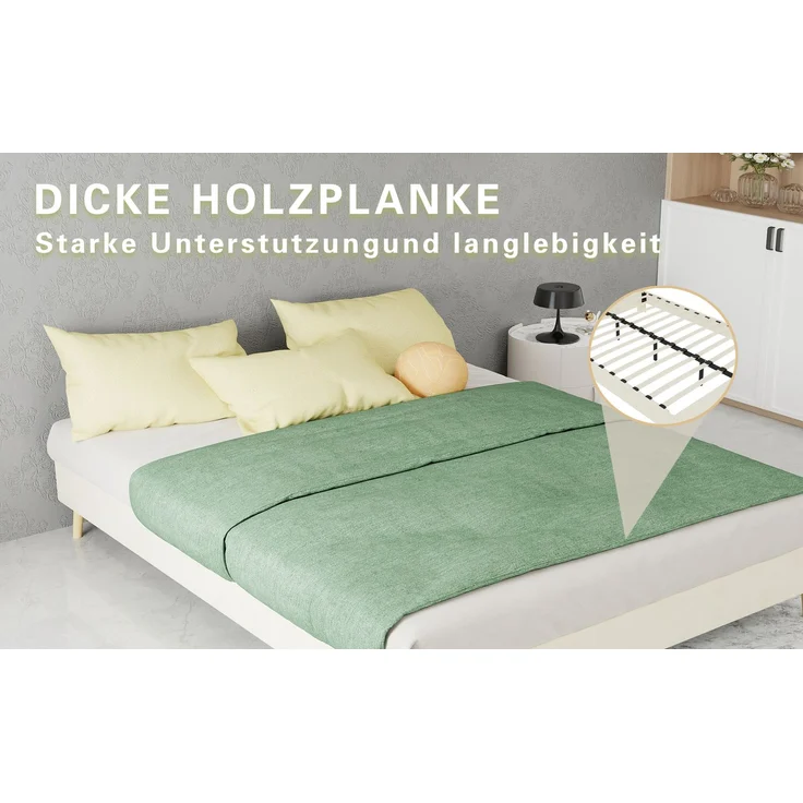 Novelux Bettgestell 140x200 Beige – Modernes Plattformbett aus Samt, Holzrahmen, Ohne Kopfteil, Low-Profile Design – Bild 7