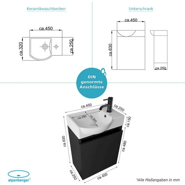 Alpenberger Badmöbel-Set Gäste WC Waschbecken mit Unterschrank - Hängeschrank Vormontiert, (Badschrank 2-tlg, Waschtisch hängend), Waschbeckenunterschrank Schwarz mit Softclose – Bild 4