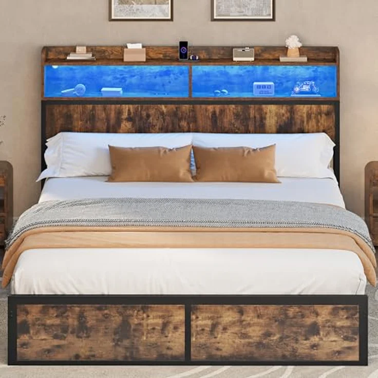 YITAHOME Bettgestell LED mit Kopfteil USB-Anschlüsse und Ladeausgänge Metallplattform-Bettgestell mit 2 Regalböden,Keine Matratze erforderlich,Braun 200X180CM – Bild 1