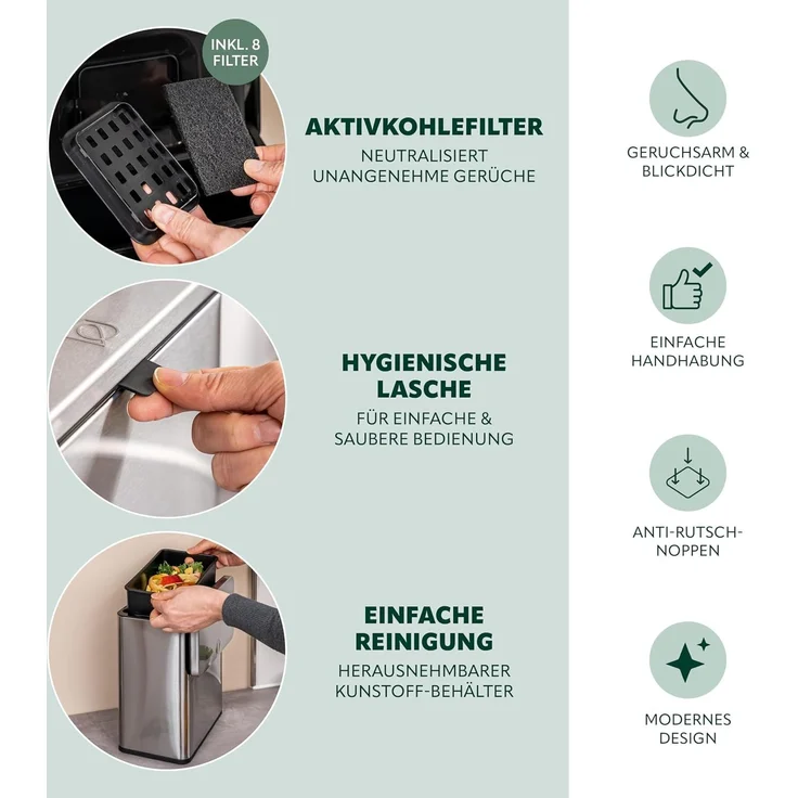 eluno Biomülleimer 6L mit Geruchsfilter, 3 Montagearten, Edelstahl – Bild 5