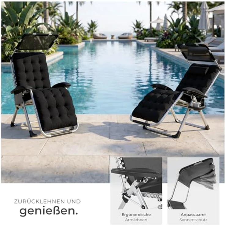 tectake® Sonnenliege klappbar, Liegestuhl, Gartenliege mit Sonnendach, Outdoor Sessel für Balkon oder Garten, Liege mit extra Dicker Auflage, Relaxliege belastbar bis 200kg - schwarz, 2er Set – Bild 6