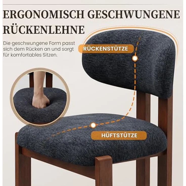 MALOL Esszimmerstühle 2er Set, Moderne Polsterstuhl Essstühle mit Holzbein, Stoff Esszimmerstühl mit Fester Rückenlehne für Esszimmer, Küche, Restaurant, Mit dunkelbraunen Beinen, Dunkelblau – Bild 4