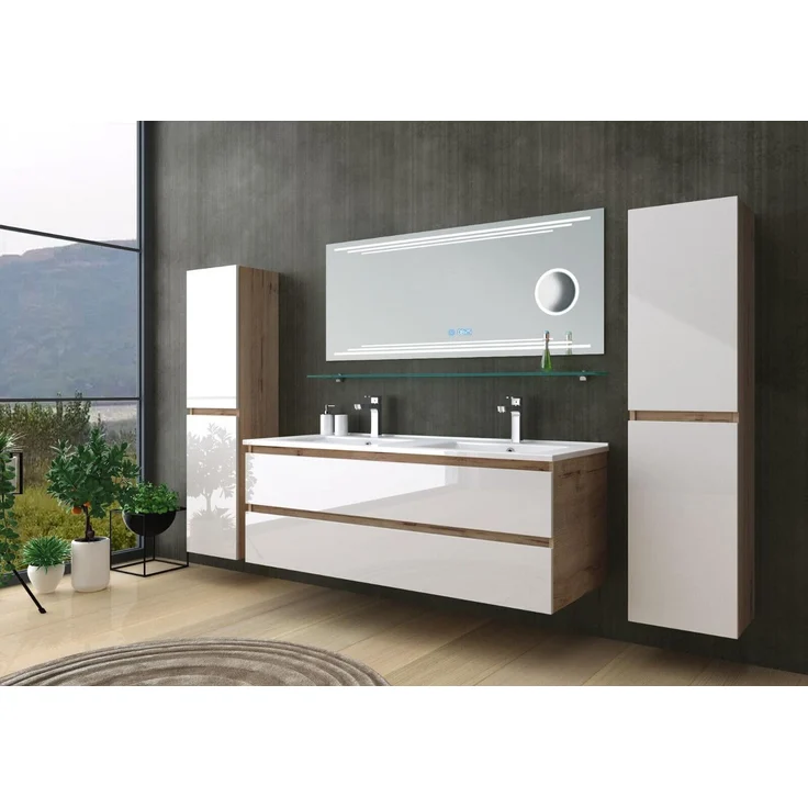Homeline Badmöbel Set Eiche/Weiß Leonard Hochglanz 120 cm Spiegel incl LED (120, 8, 4X Seitenschränke) – Bild 1