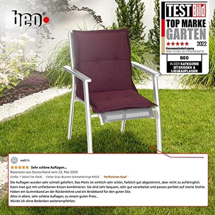 Beo Gartenstuhlauflage Niedriglehner Wasserabweisend Nizza | Made in EU Premium-Qualität | Niedriglehner Auflagen UV-beständig und waschbar | Atmungsaktive Stuhlauflage Niedriglehner in Anthrazit – Bild 5