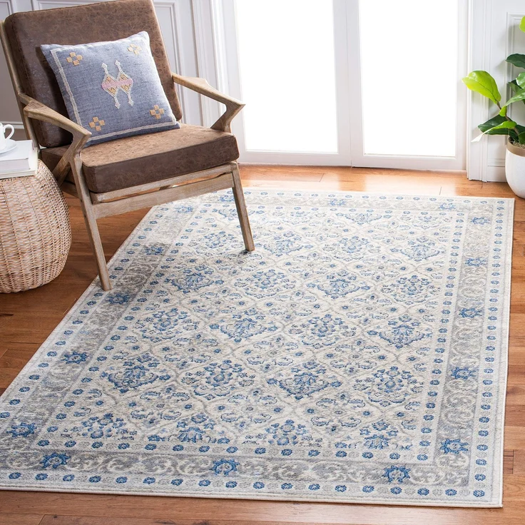 SAFAVIEH Traditionell Teppich für Wohnzimmer, Esszimmer, Schlafzimmer - Brentwood Collection, Kurzer Flor, Elfenbein und Blau, 122 X 183 cm