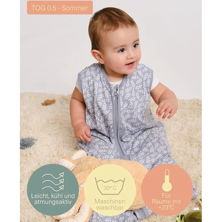 molis&co. Baby Schlafsack Sommer. 100% Baumwolle (Oeko-TEX 100). 0.5 Tog Sommerschlafsack Atmungsaktiv Babyschlafsack 85 cm für Jungen Mädchen Neugeborene 6-18 Monate. Blue Garden. – Bild 3