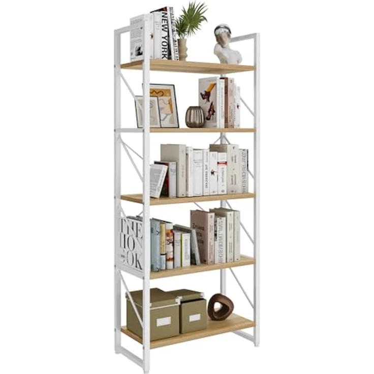 YITAHOME Bücherregal mit 5 Ebenen，Industrielles Standregal Aufbewahrungsregale für Wohnzimmer Bücher Schlafzimmer Büro Küche Zeitschriften, Weiß und Holzfarbe – Bild 7