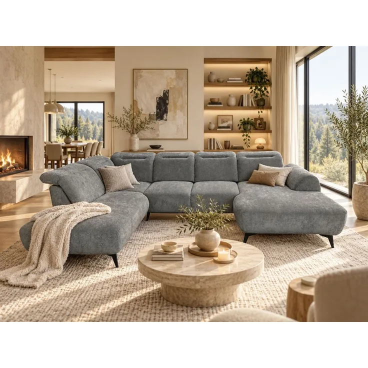 Wohnlandschaft Sofa U-Form ALETTE in Stoff Doha Dunkelgrau Lange Schenkel Links