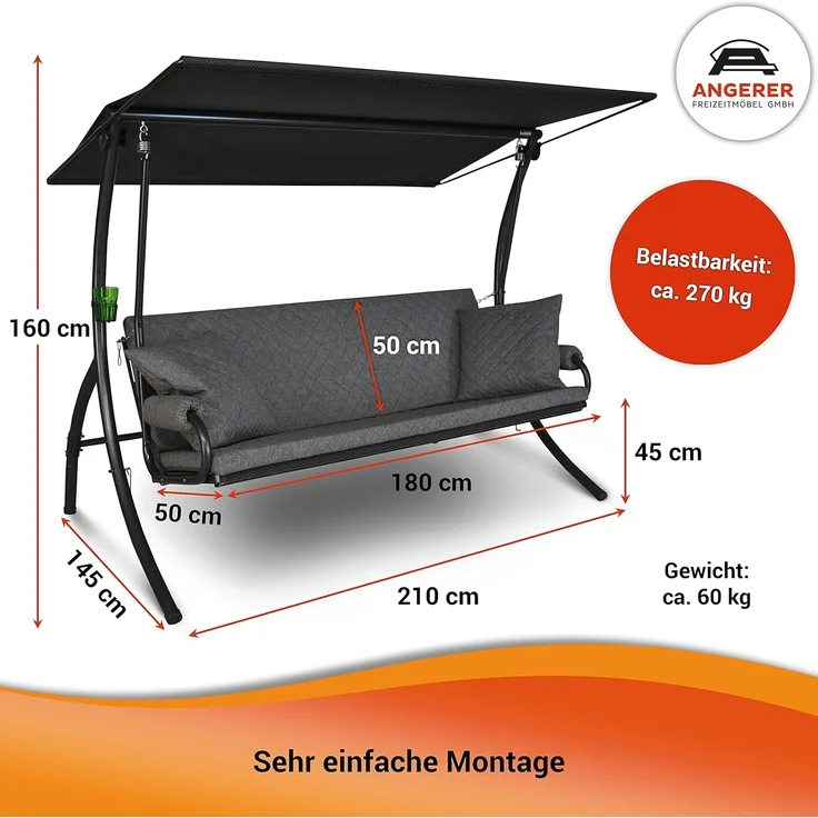 Angerer Freizeitmöbel GmbH Hollywoodschaukel Elegance Joy - Gartenschaukel Made in Germany - Schaukel zum Sitzen, Liegen und Entspannen - inklusive Bett-Funktion - einfache Montage (Hellgrün) – Bild 2