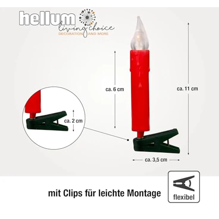 hellum Baumbeleuchtung, Lichterkette LED Kerzen rot, 30 LEDs warmweiß, Lichterkette Weihnachtsbaum innen, 8,7m beleuchtet + 2x1,5 m Zuleitung Kable grün, Christbaumkerzen Helligkeit – Bild 4