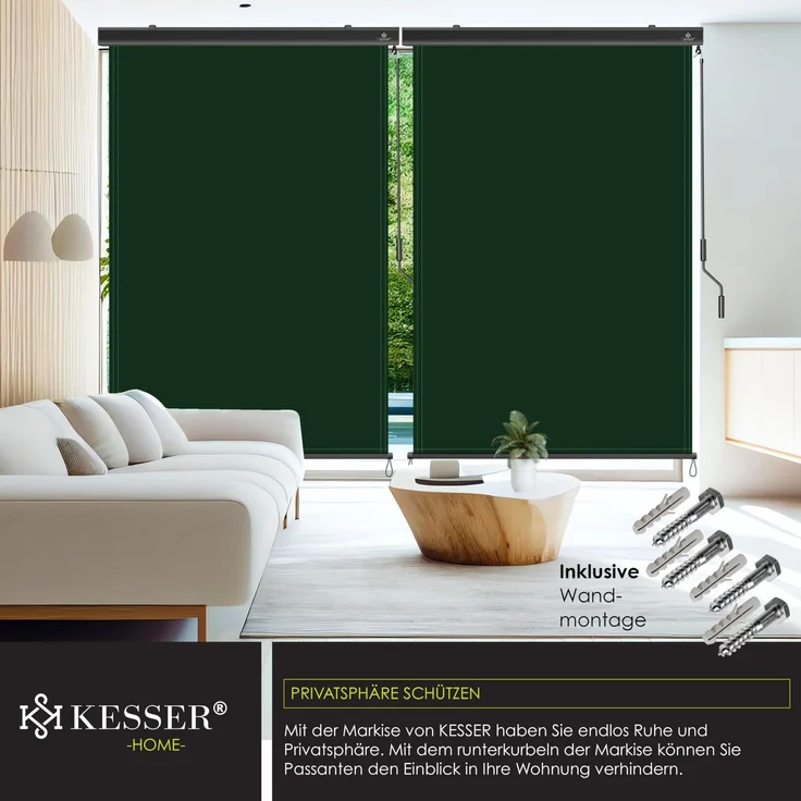 KESSER® Senkrechtmarkise Außenrollo Handkurbelmechanismus Balkonrollo Sonnen-und Sichtschutz, Beschattung Sonnenschutz Außen Rollo mit Kurbel Markisenkasten, Balkon und Terrasse 140x250 cm, Dunkelgrün – Bild 5