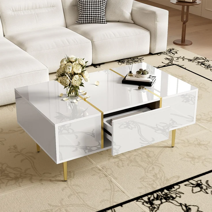 Couchtisch 100 x 60 x 41,5 cm, mit Schubladen, aus MDF, als Ablage für Getränke und Bücher im Wohnzimmer, Weiß – Bild 8