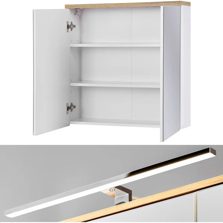 Badezimmer Waschplatz mit 61 cm Keramikwaschtisch LUTON-56 Hochglanz weiß mit Wotan Eiche Nb, B/H/T ca. 60/200/46 cm – Bild 8