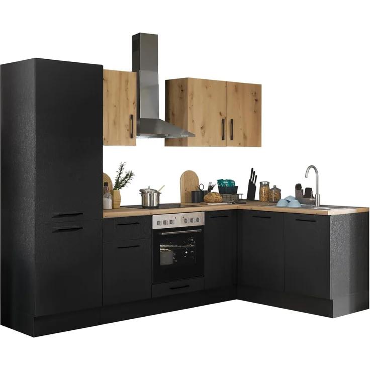 Turin L Eckküche 270 x 211 x 60 cm, schwarz - Ohne Küchengeräte - Moderne, geräumige Küche in Artisan-Eiche Optik mit viel Stauraum – Bild 1