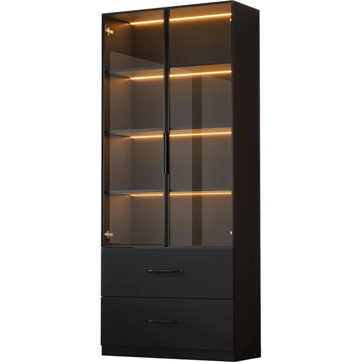 ZUBALIYA LED-Vitrine 60×40×160 cm - Glasvitrine, Bücherregal und Multifunktionsschrank mit Beleuchtung und Schubladen, mit Aluminiumrahmen, Hartglastüren und sanft schließenden Scharnieren, mehrfarbige LED – Bild 8