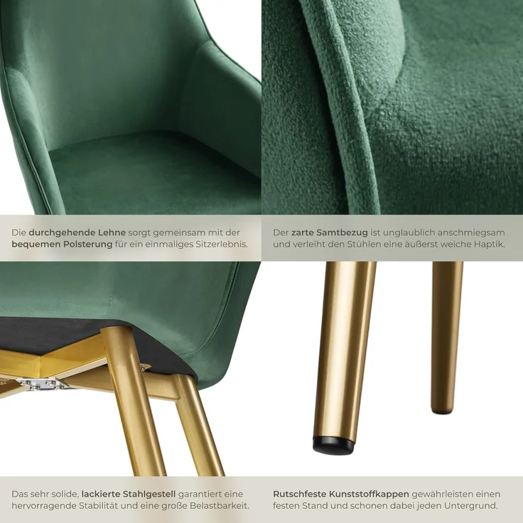 tectake®4er Set Esszimmerstuhl, Sessel bequem mit Armlehne, Polsterstuhl, Samtstoff Cocktailsessel, Loungesessel für Wohnzimmer, Esszimmer, Moderne Küchenstühle, Bürostuhl - dunkelgrün/Gold – Bild 7