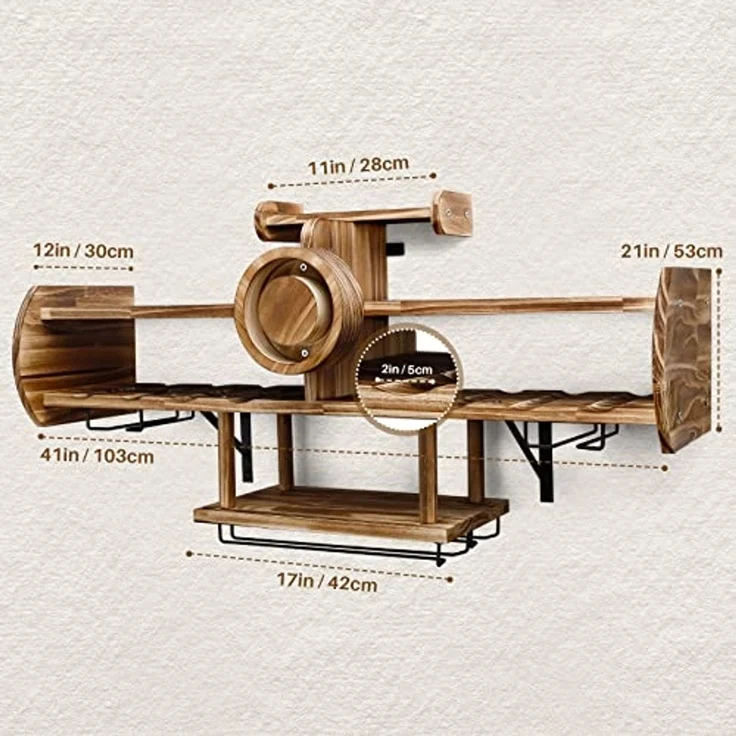 Yorbay Weinregal aus Holz für Hausbar, Wandbar mit Korkhalter, Flugzeug-förmig, Holzregal für Weingläser, Whiskygläser, Wandmontage Wand Flaschenhalter Vintage Stil – Bild 3
