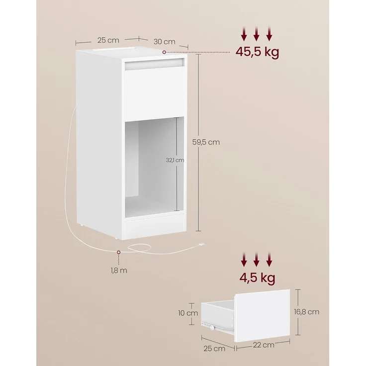 VASAGLE Nachttisch 2er Set, schmal, Beistelltisch, LED-Beleuchtung, 1 USB-A-Anschluss, 1 USB-C-Anschluss, Schublade, offenes Fach, für Schlafzimmer, Wohnzimmer, wolkenweiß LETDE710W01 – Bild 3