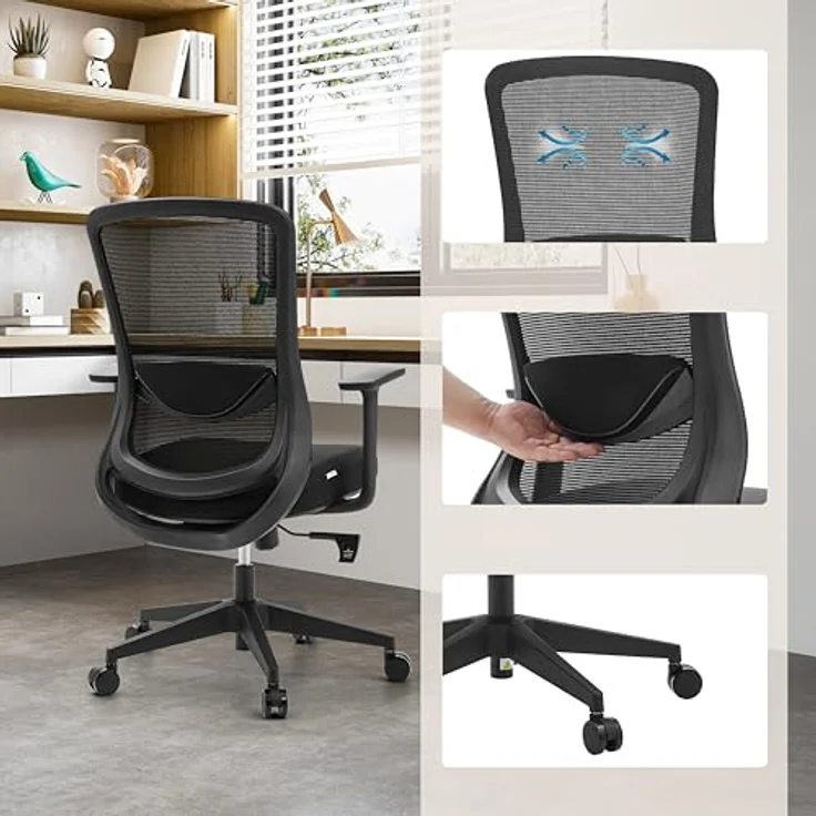 hjh OFFICE Ergonomischer Bürostuhl Sedito – Drehstuhl mit Verstellbarer Netz-Rückenlehne, Lordosenstütze und Wasserfallsitz, Schwarz/Schwarz – Bild 3