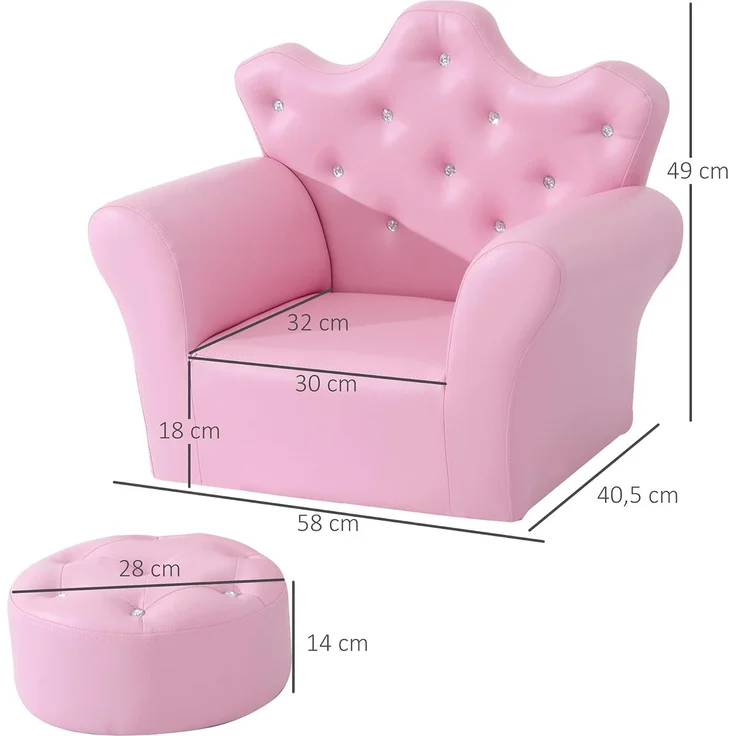 HOMCOM Sessel Kindersofa mit Ottomane Prinzessinnen (Prinzessinnen Sofa, 1-St, Kindersofa), Rosa 58 x 40.5 x 49 cm – Bild 3
