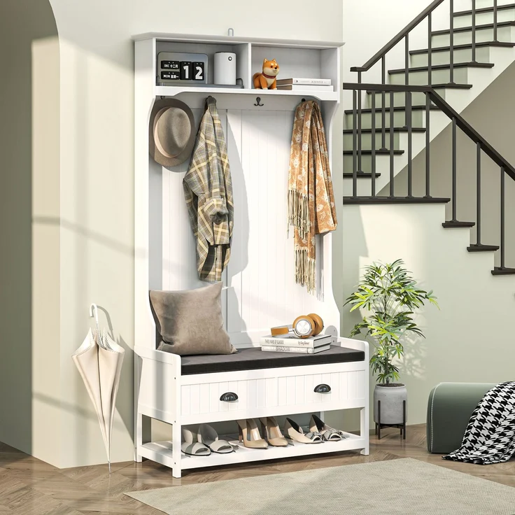 Faumrta 2-in-1 Garderobenständer, Kleiderständer mit 4 Haken, Garderobe mit Schuhbank und Ablagen, Jackenständer mit Kippschutz, für Eingangsbereich, Flur, Schlafzimmer, Weiß+Grau89CM*42CM*172CMWeißMDF (Medium-Density-Faserplatte) – Bild 2
