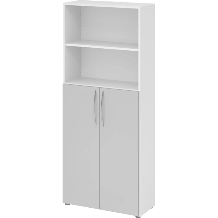 bümö Mehrzweckschrank 80cm breit, Aktenschrank o. Schuhschrank hoch, Regal Schrank-Kombi, Küchenschrank in Weiß/Grau aus Holz, Vorratsschrank & Haushaltsschrank mit Metallgriffen, 4770-W-5-BM – Bild 1