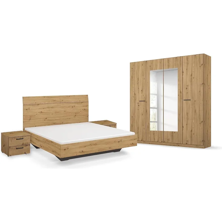 Rauch Möbel Florenz Schlafzimmer, Eiche Artisan, Holz, bestehend aus Bett mit Liegefläche 160x200 cm inklusive 2 Nachttische und Drehtürenschrank mit Spiegel BxHxT 181 x 210 x 54 cm