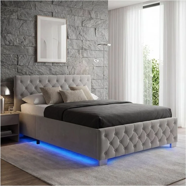tectake Polsterbett Komfortbett mit LED-Leisten & Stauraum - Samtoptik mit Steppmuster (Bettset, in Dunkelgrau), stabiler Stahlrahmen, Belastbarkeit 300 kg – Bild 4