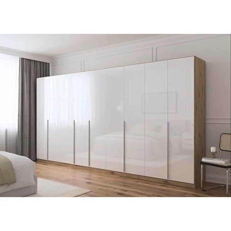 Rauch Möbel Alabama, Kleiderschrank für Schlafzimmer, Kinderzimmer, Wohnzimmer, Garderobe, Flur, 9-türig, mit Zubehör Basic, Farbe Hochglanz Weiß | Eiche Artisan, Breite 405 cm – Bild 2
