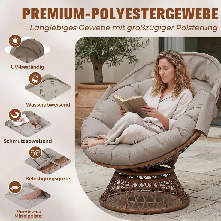 COMHOMA Papasansessel, gemütlicher Drehsessel mit Kissen rund, bequemer Rattansessel, Loungesessel drehbar, runder Relax Korbsessel Rattan für Wohnzimmer, Leseecke, Lounge - braun – Bild 4