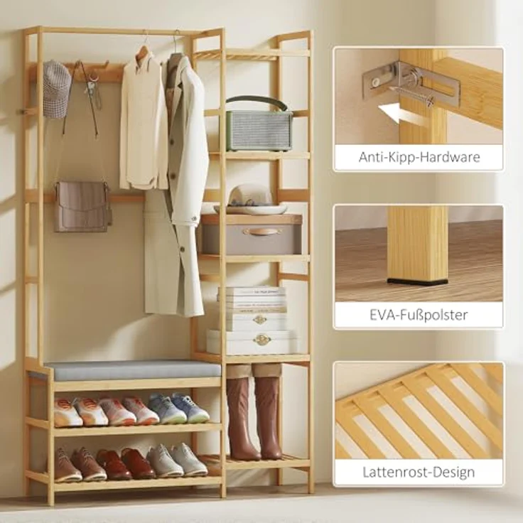HOMCOM Garderobenständer mit Schuhregal, Kleiderhaken, Mantelständer, Sitzbank mit Kissen, (Kleiderständer, 1 St, Standgarderobe), für Wohnzimmer, Schlafzimmer, Naturholz – Bild 7