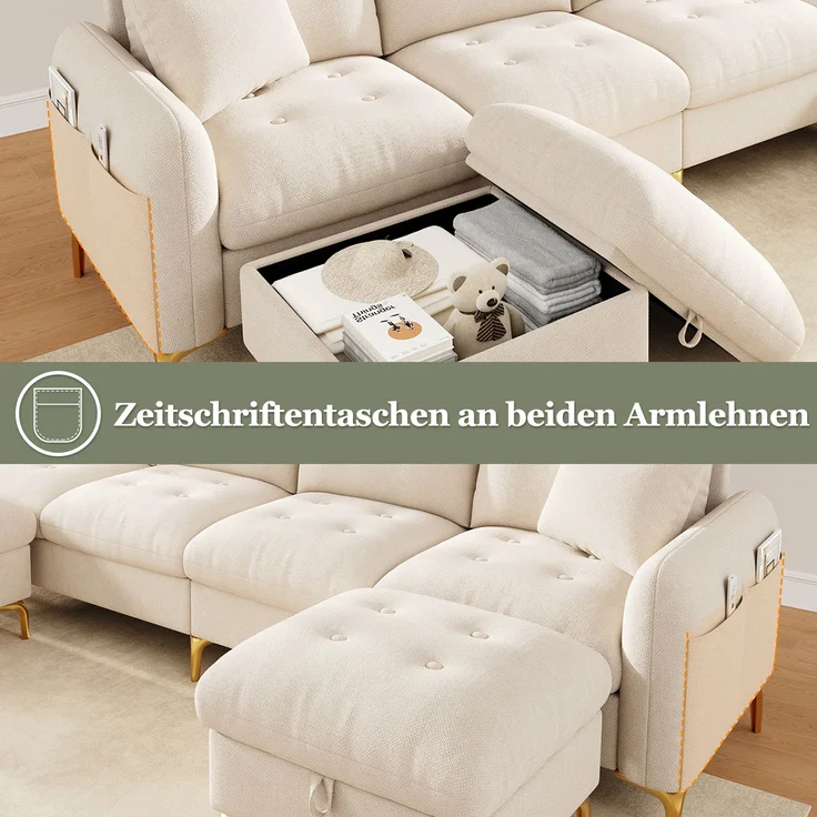 Merax 4-Sitzer U-förmiges modulares Schlafsofa mit 2 Stauraumhockern und 2 Dekokissen, Gesamtmaße 263×137×85 cm, Beige – Bild 6