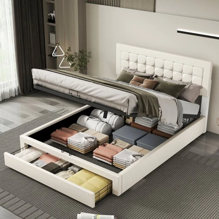 oyajia Polsterbett Doppelbett Polsterbett 140x200cm, Luftdruck anhebbarer Stauraumbett (Leinenmaterial Polsterbett mit Lattenrost und Luftdruckhebel), Modernes Jugendbett, Leises Design, Einfach zu montieren und stabil – Bild 4