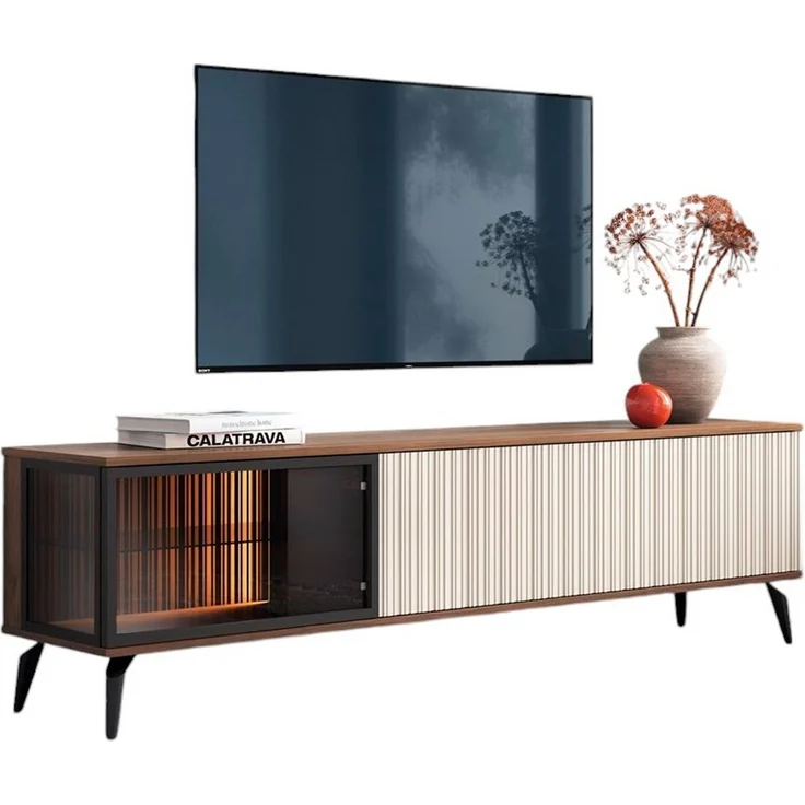 Compleo TV-Schrank dreitürig VIVIN, geriffelte Front, Fernsehmöbel – Bild 1