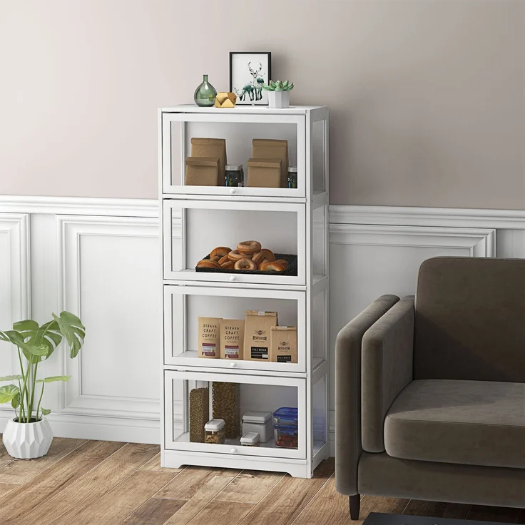 Vitrine für die Wohnzimmermöbelserie Buffet mit 4 Ebenen und Falttüren, 59 x 30 x 139 cm, weiß--Weiß--59x30x139cm--YOUDENOVA – Bild 4