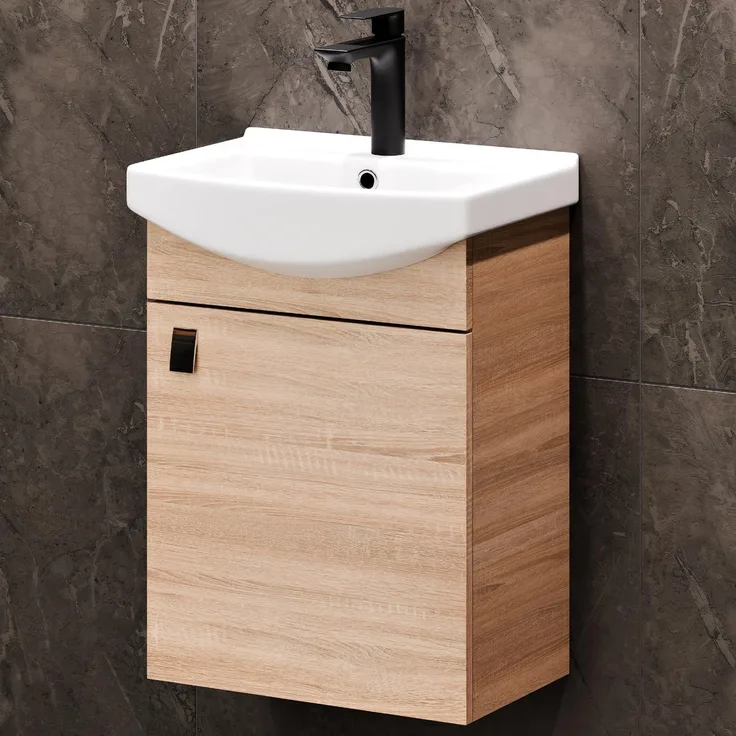 Planetmöbel Badmöbel Set aus Waschtisch mit Unterschrank 45cm in Sonoma Eiche, Waschbecken und Armatur in Schwarz, Zeitloses Badezimmerset