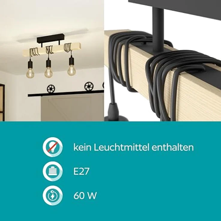 Eglo 32915 Deckenleuchte TOWNSHEND Stahl schwarz, Holz braun E27 3X40W L:55cm B:10,5cm H:26,5cm dimmbar – Bild 5