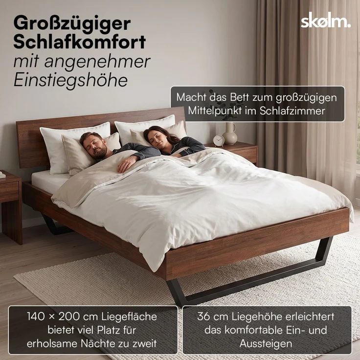 skølm 'Alver' Bett 140x200 cm, Bettgestell, natur geölt, Massivholzbett aus Eiche mit Metallkufen, Walnuss Optik, Bettkopf 1 Strebe – Bild 6