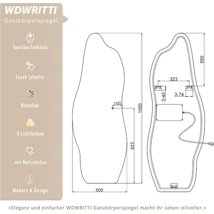 WDWRITTI Ganzkörperspiegel Rahmenlos LED Ganzkörperspiegel Wandspiegel groß asymmetrisch (Flurspiegel Modern mit 3Lichtfarben, Dimmbar, Speicherfunktion, 165x60cm), für Wohnzimmer Schlafzimmer Garderobe Flur Friseurladen – Bild 3