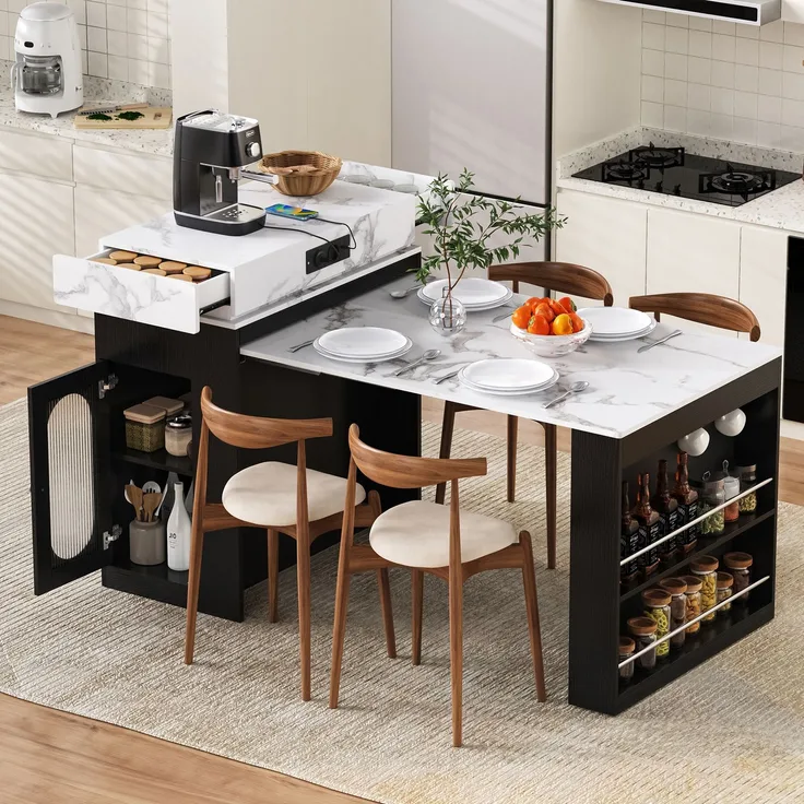 Merax Kücheninsel mit Rollen, Ausziehbarer Esstisch mit faltbarer Tischplatte, Bartisch mit Steckdosenleisten und Haken, dient als Kücheninsel, Sideboard oder Bartisch(Schwarz)