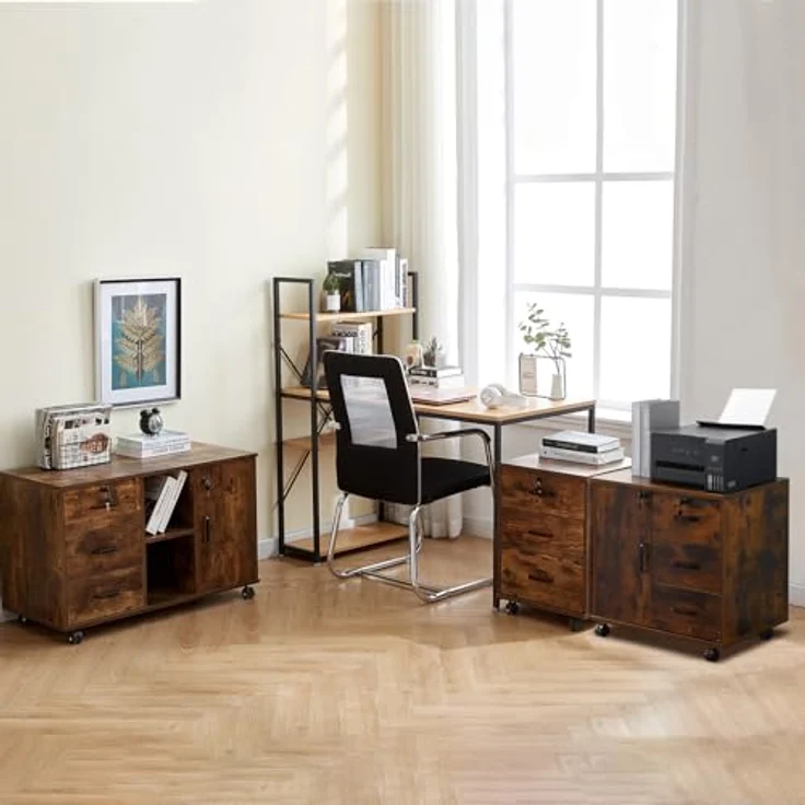 TUKAILAI Rollcontainer Aktenschrank aus Holz, Abschließbar Büroschrank mit 3 Schubladen und Tür, Mobiler Schreibtisch Unterschrank mit 4 Rollen für Büro Arbeitszimmer Wohnzimmer, 40×60×57 cm, Braun – Bild 5